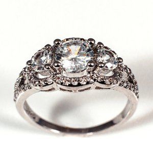 Three Stone Diamond Stimulant Sterling Silver Wedding Engagement Promise Ring 8